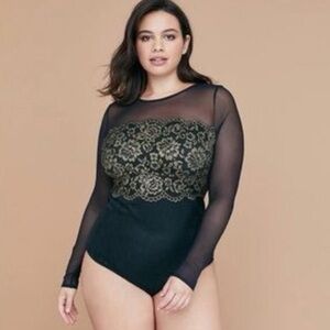 Cacique Black Mesh Lace Gold Metallic Long Sleeve Bodysuit - Size 18/20